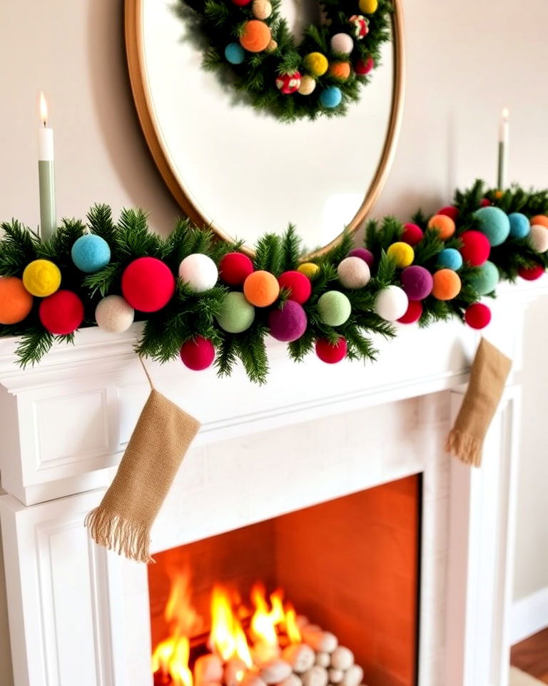 felt ball mantel garland for a colorful accent