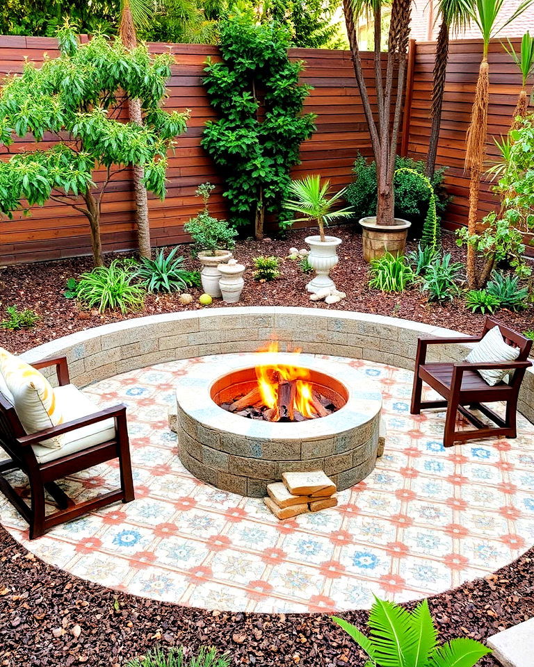 fire pit area with decorative tiles around the pit