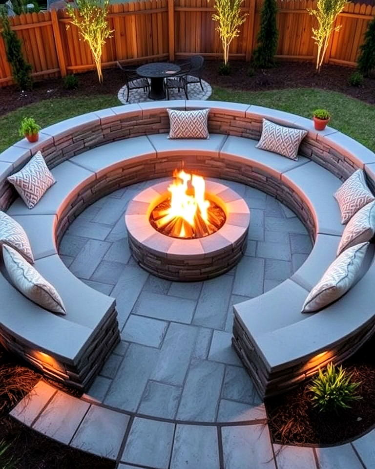 fire pit backyard with built in seating