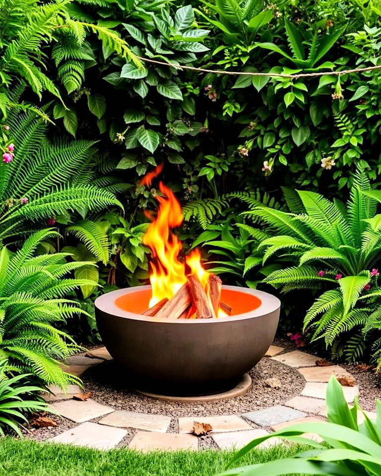 fire pit with lush greenery