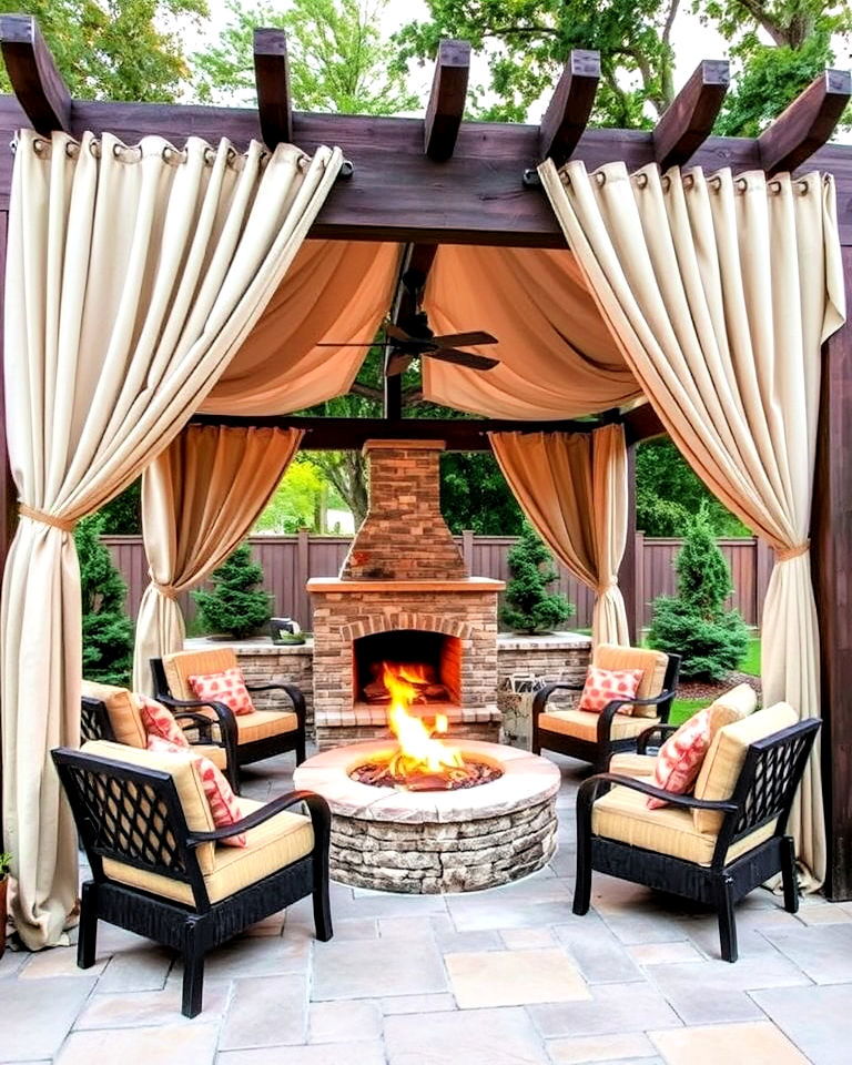 fire pit with pergola drapes