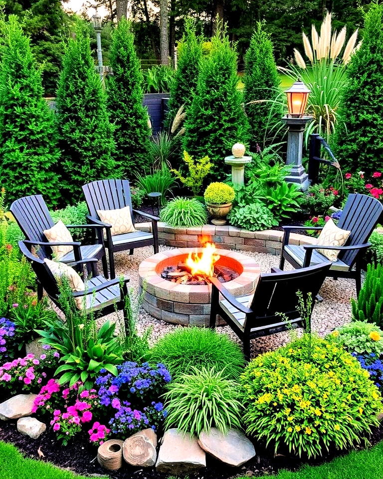 fire pit with surrounding garden beds