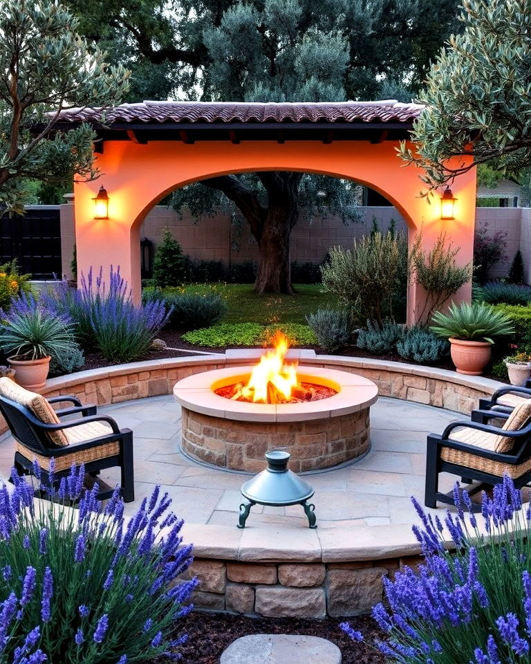 fire pits surrounded by mediterranean plants