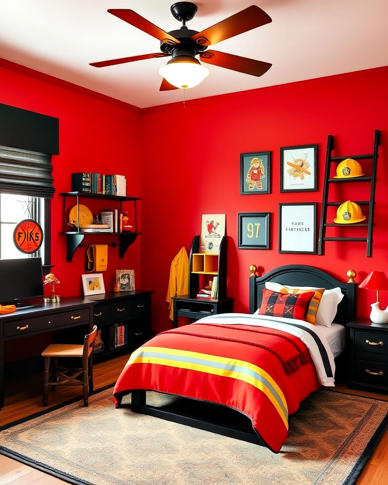 firefighter inspired design for red boy room