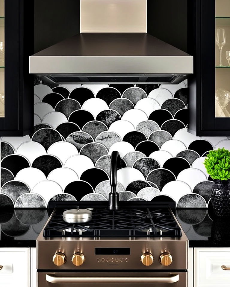 fish scale tiles in black and white for backsplash