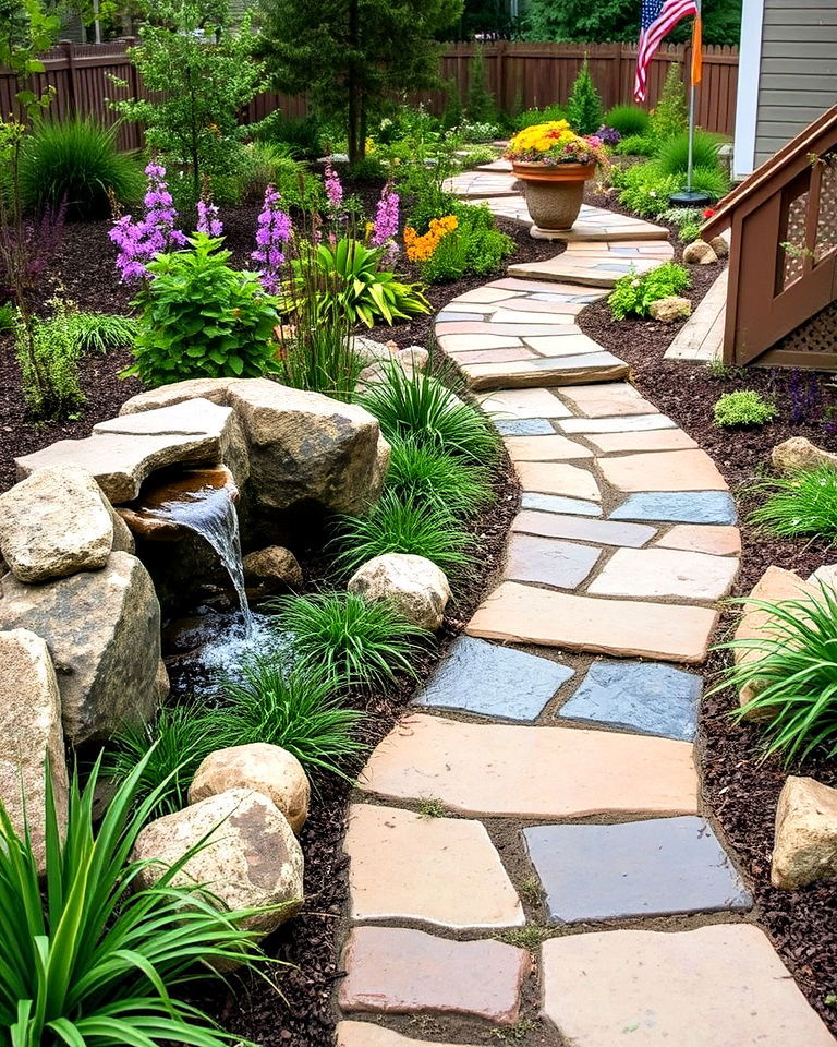 flagstone path with water feature