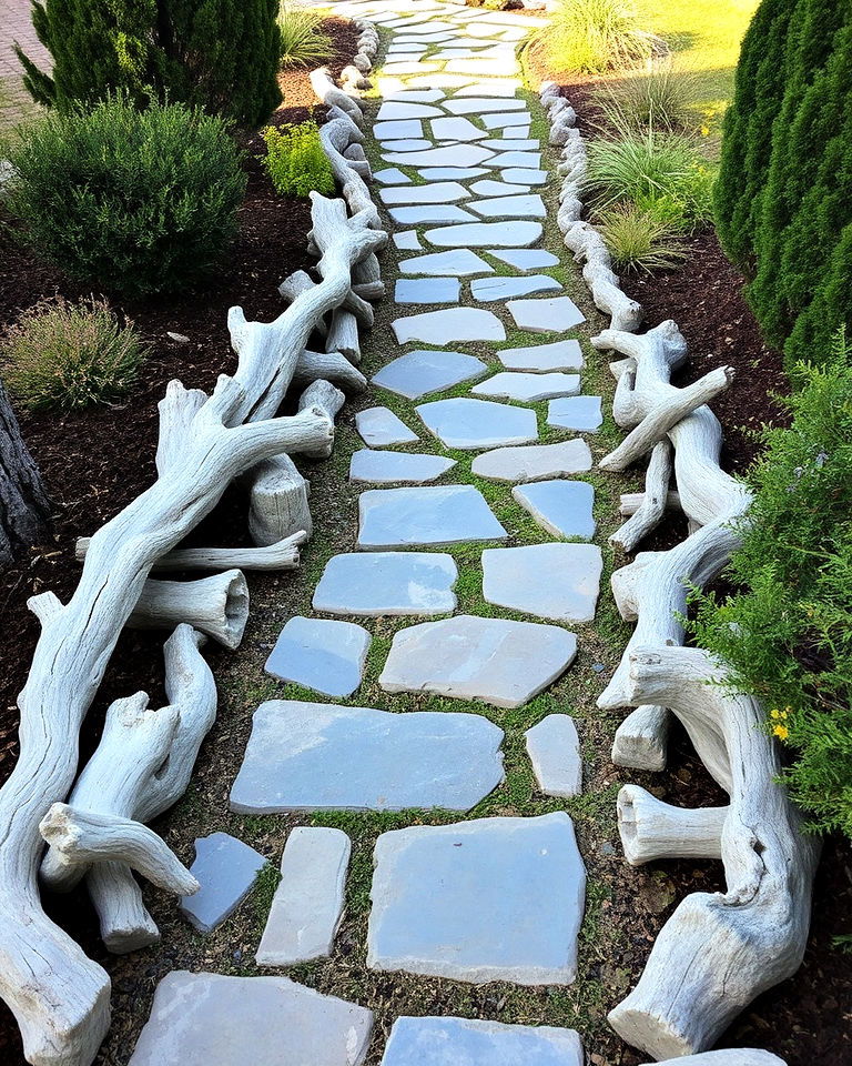 flagstone pathway with driftwood accents