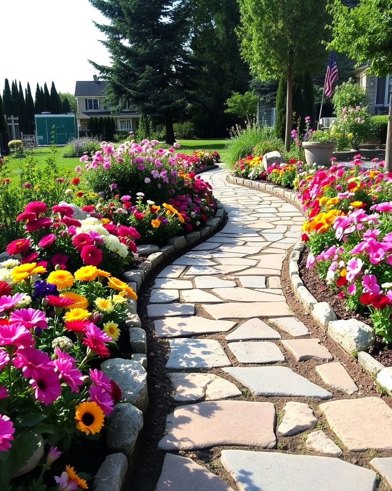 flagstone pathway with flower bed borders