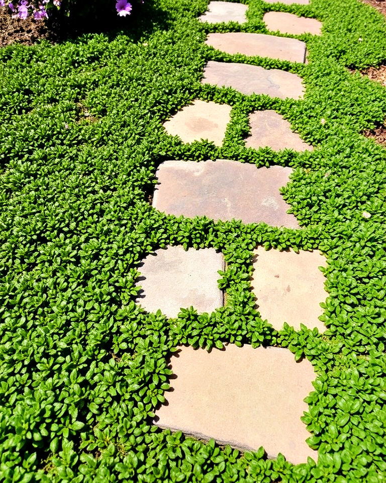 flagstone walkway with creeping thyme