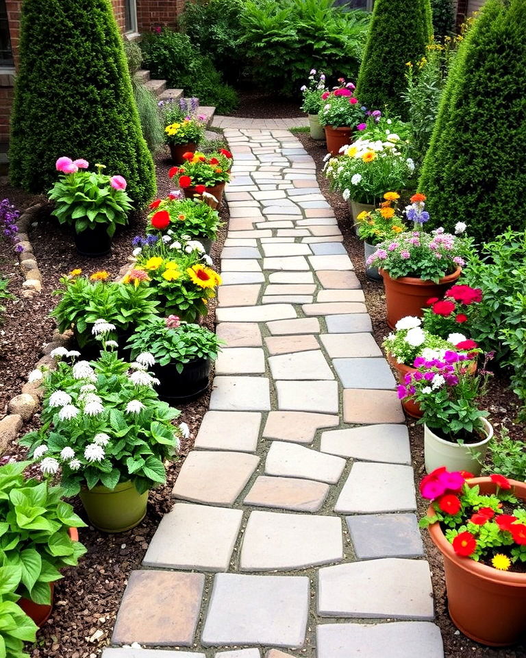 flagstone walkway with flower pot accents