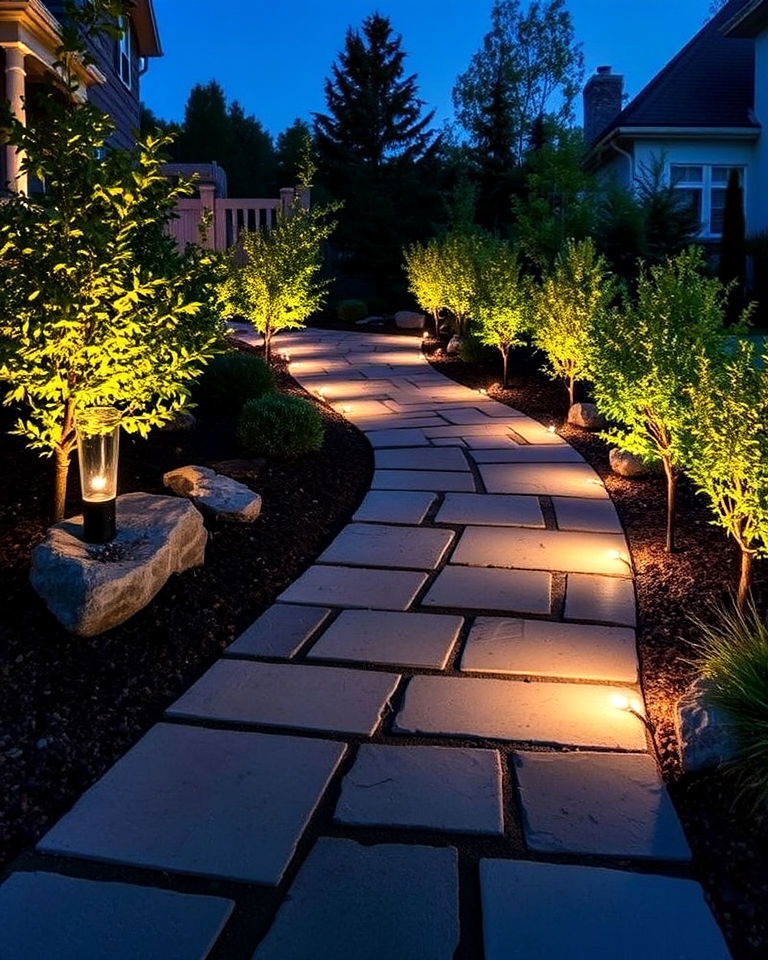flagstone walkway with solar lights