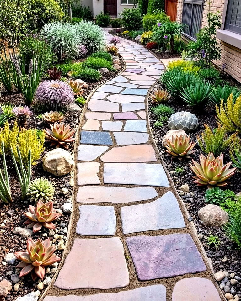 flagstone walkway with succulents