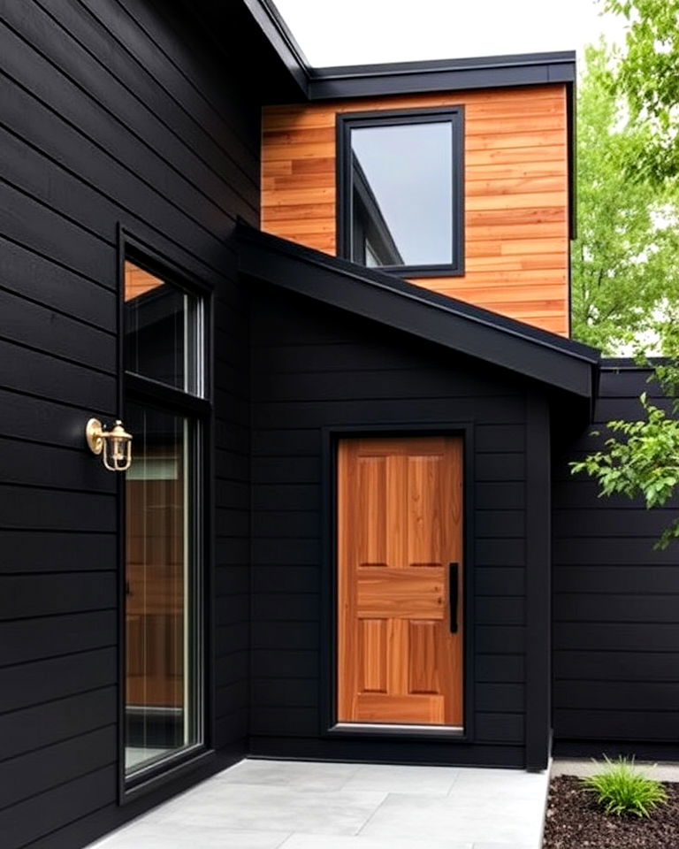 flat black house with cedar shiplap