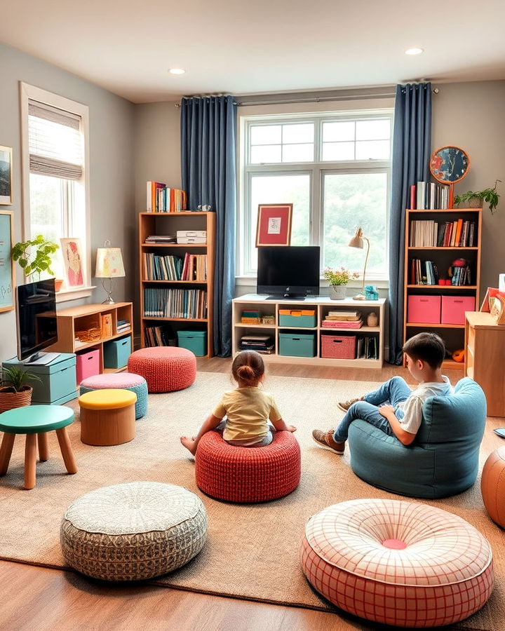 A big, colorful homeschool room with a variety of sitting options.