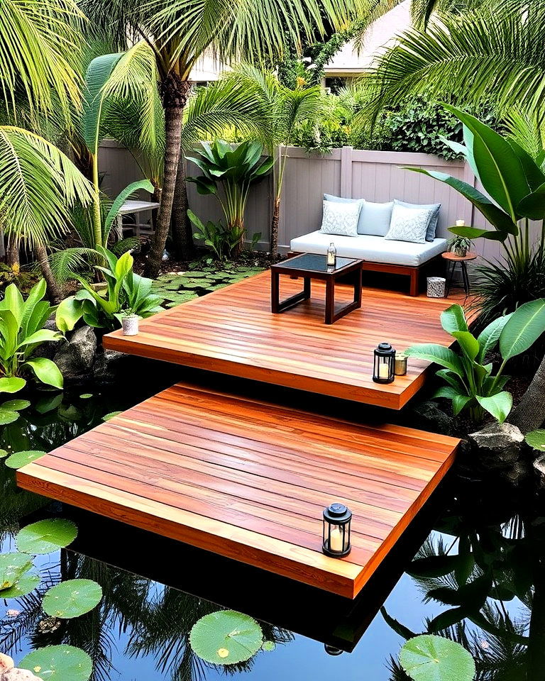 floating deck positioned over a pond