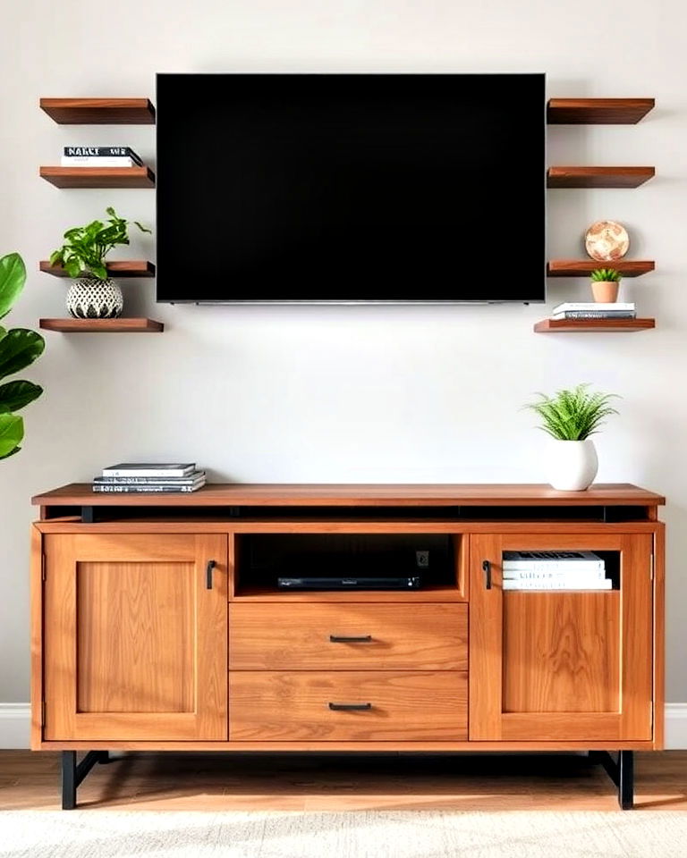 floating shelves around the tv console