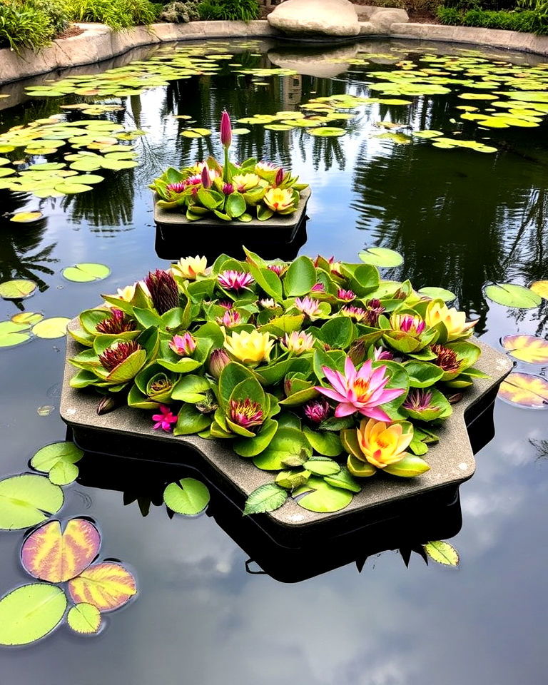 floating tropical plant island on a pond
