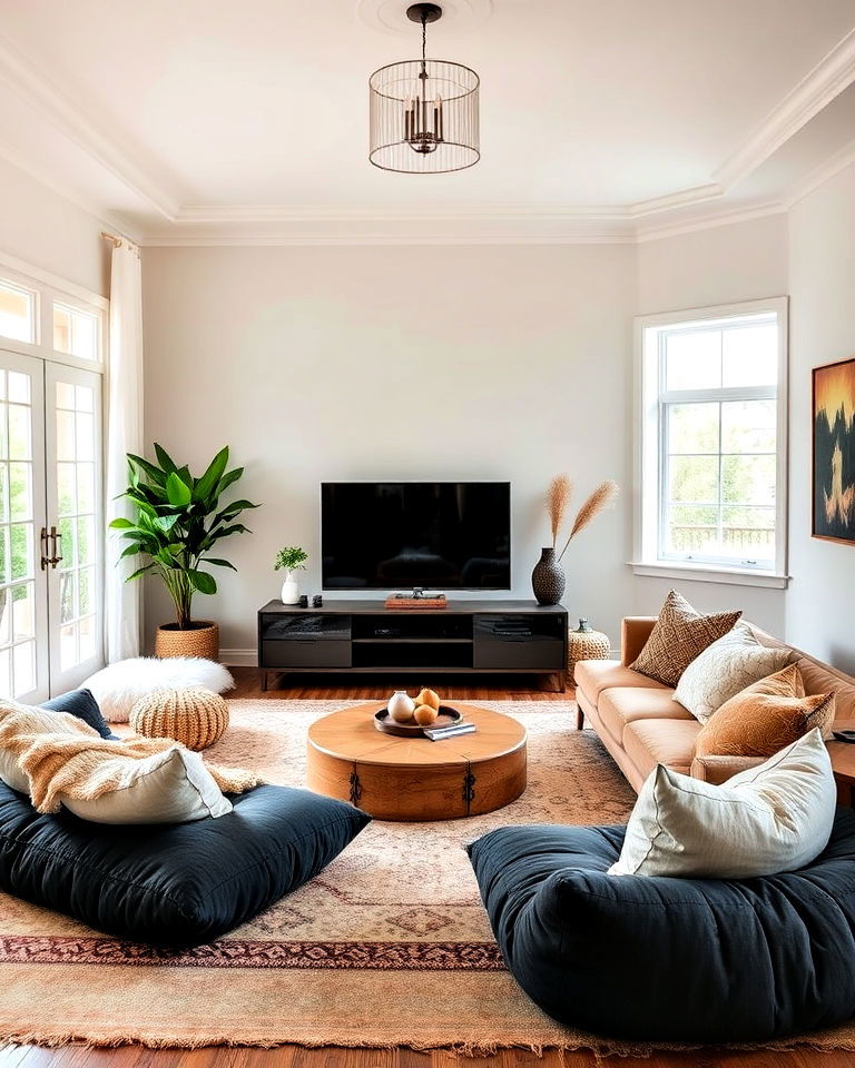 floor cushions for casual seating in tv room