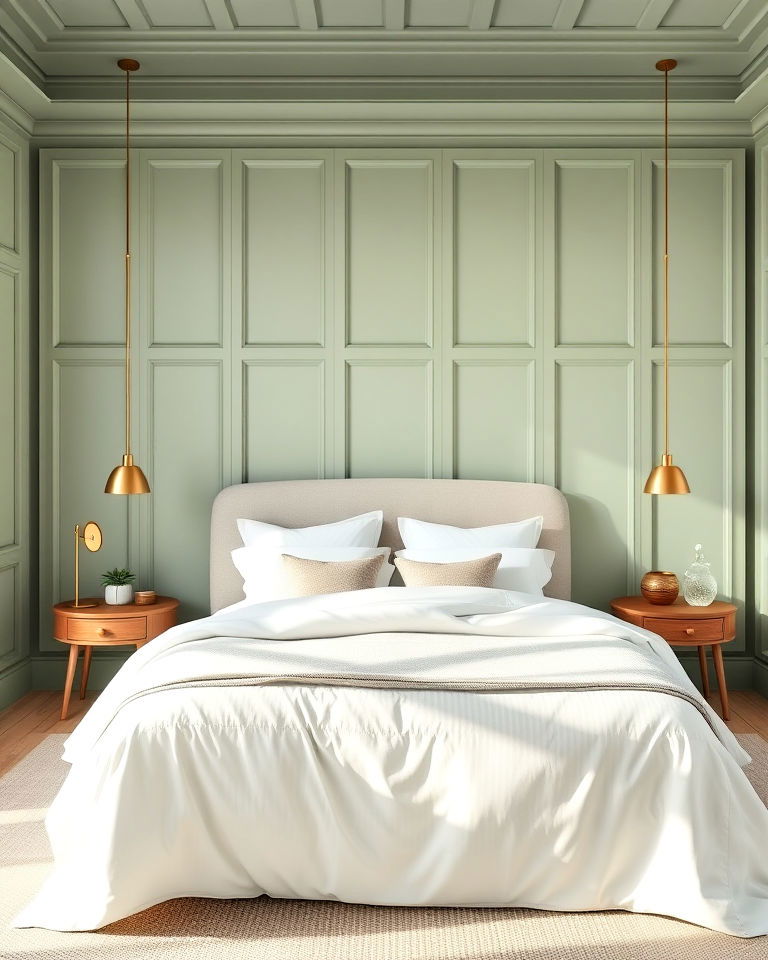 floor to ceiling sage green paneling for bedroom