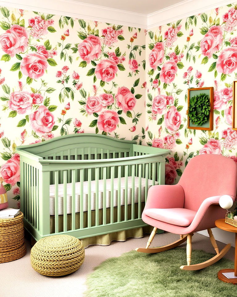 floral wallpaper and green accents nursery
