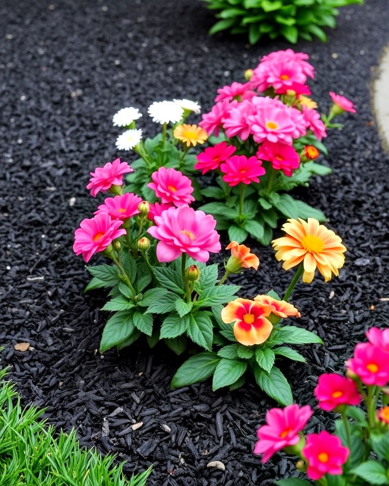 flower bed lined with dramatic black mulch