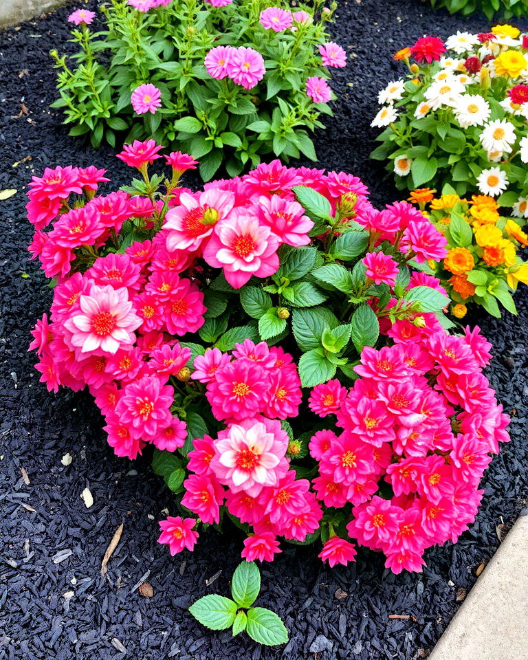 flowering shrubs with dramatic black mulch surround