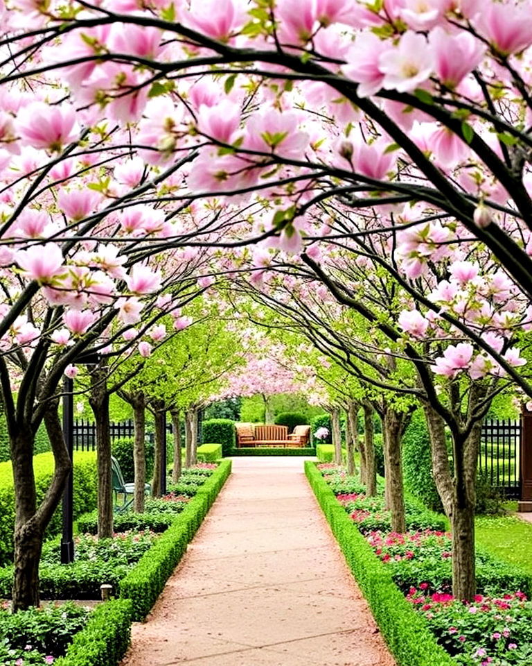 flowering tree alleys in formal garden