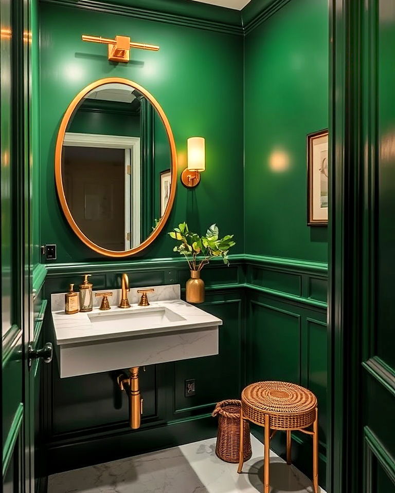 forest green powder room walls with gold accents