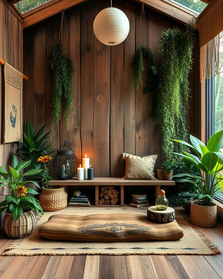 forest inspired rustic meditation room