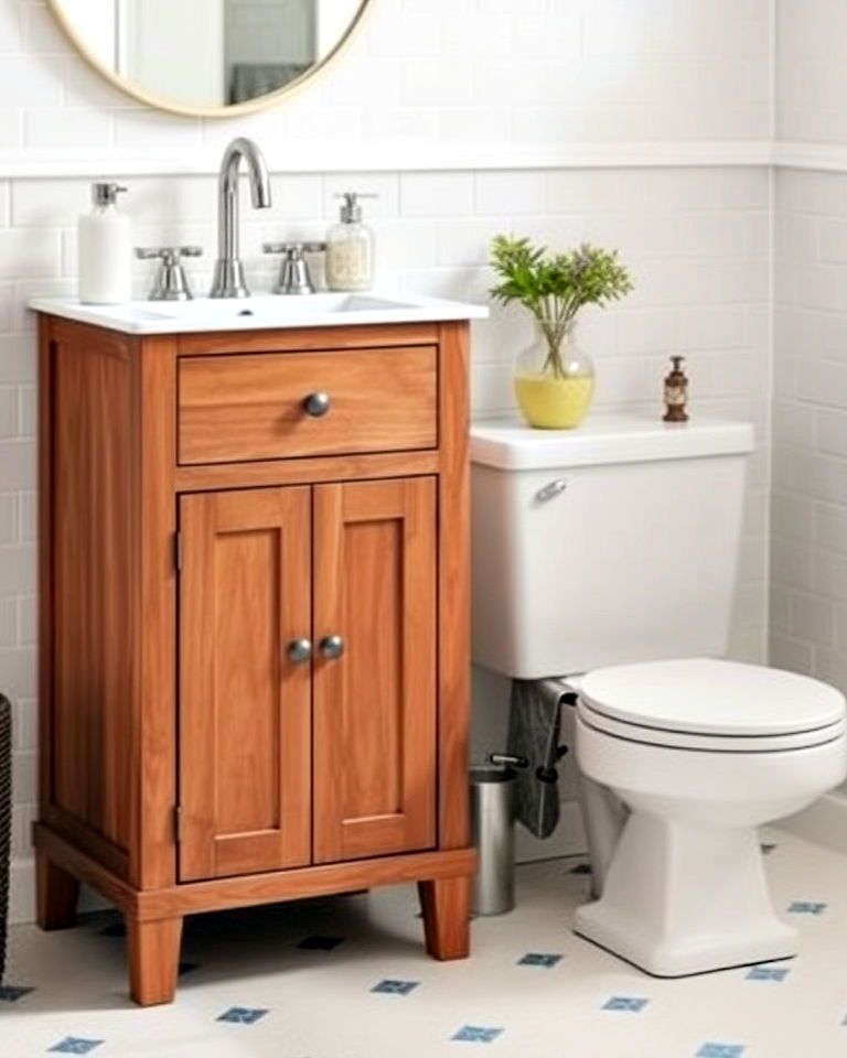 freestanding cabinet next to sink