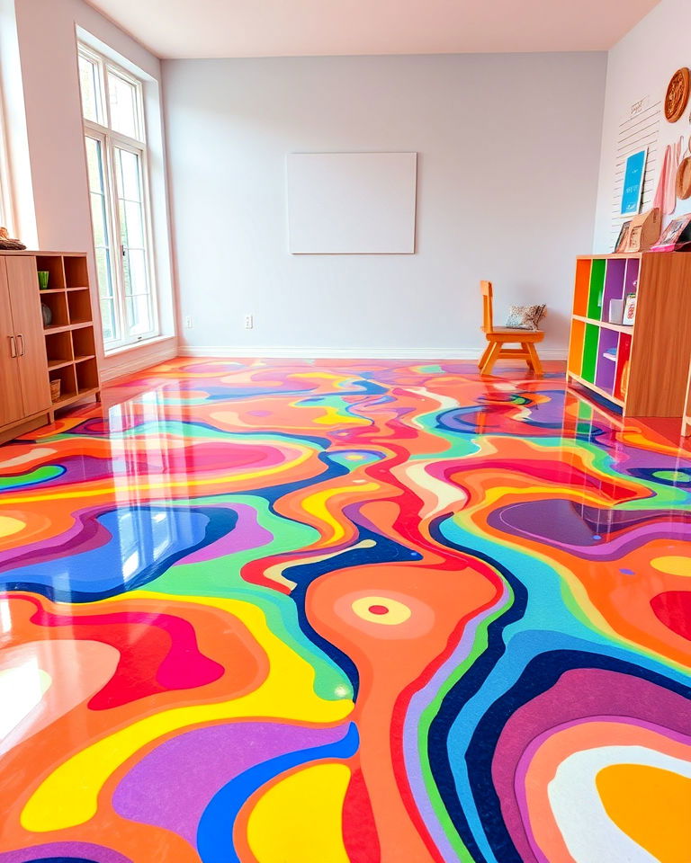 fun rainbow epoxy floor design