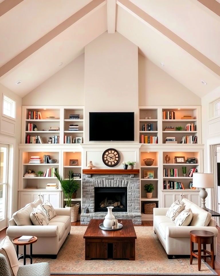 functional vaulted ceiling with built in shelves