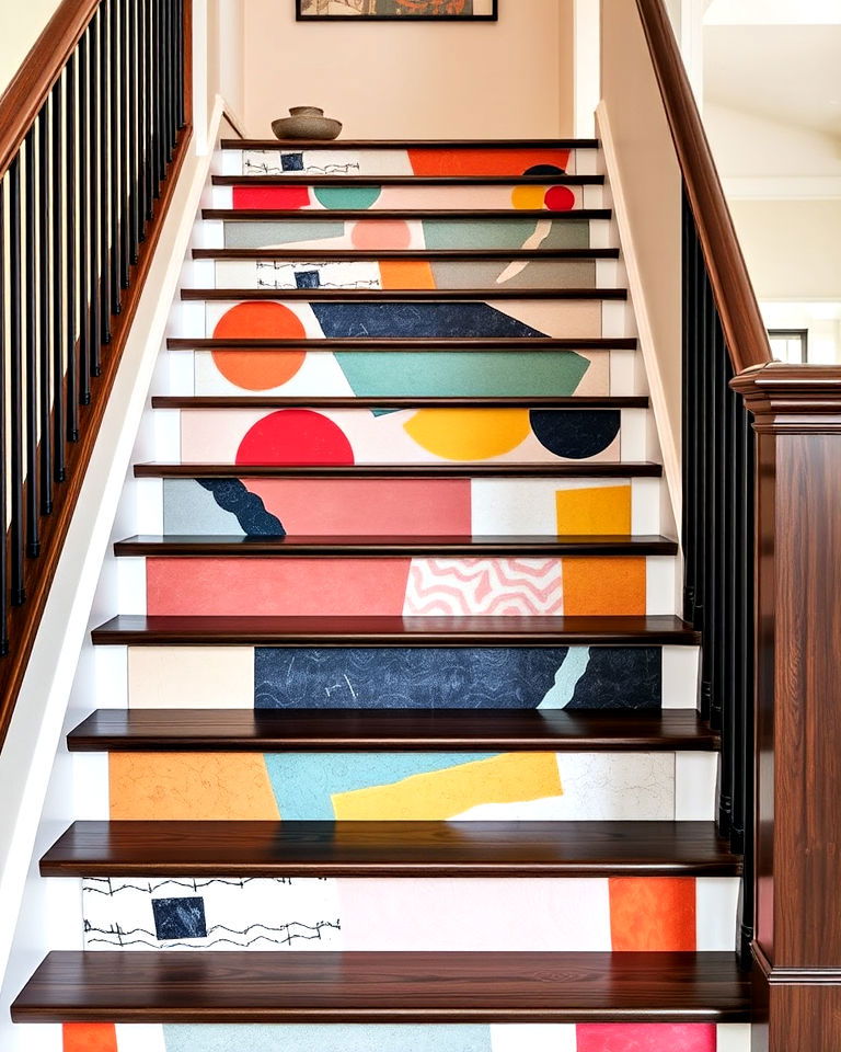 gallery like stair riser with abstract art panels