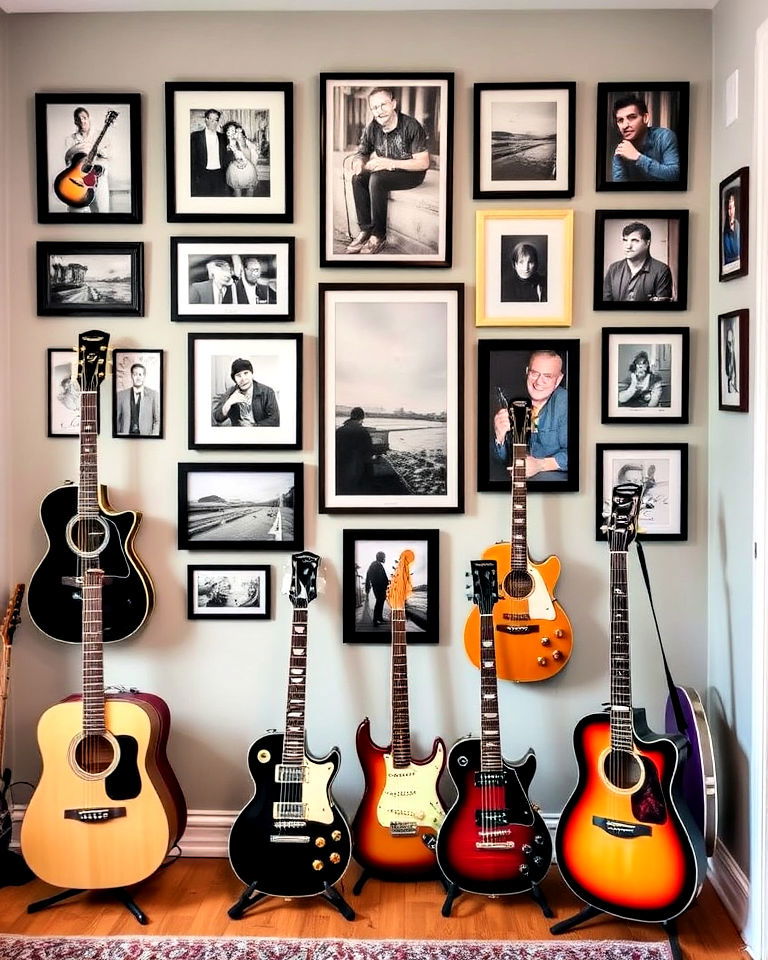 gallery wall accent in guitar room