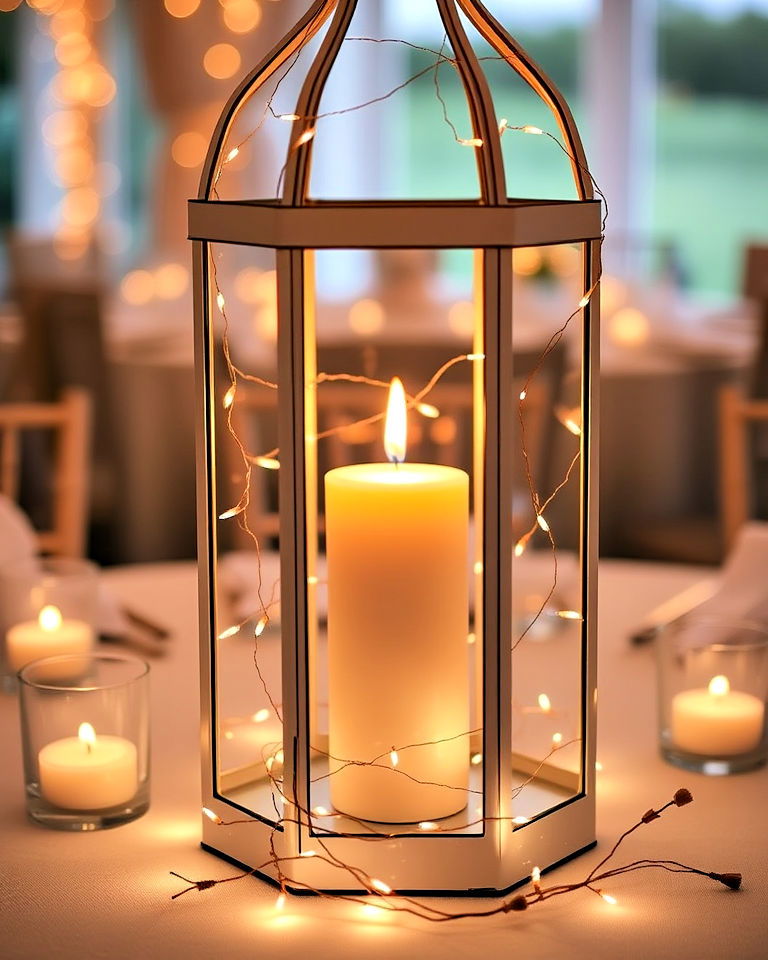 garden lantern with fairy lights and candles