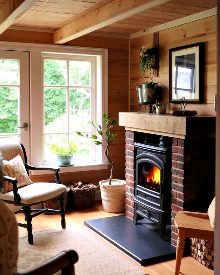 garden office with fireplace or wood stove