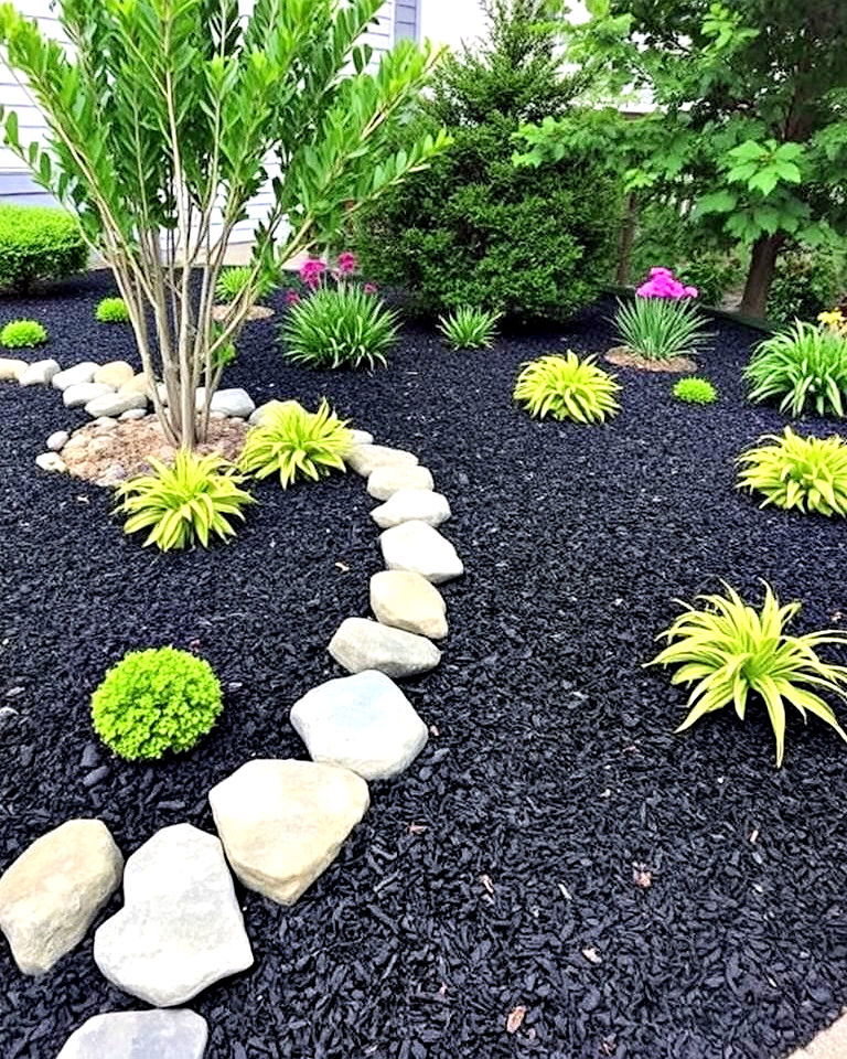 garden rock border with black mulch for a clean look