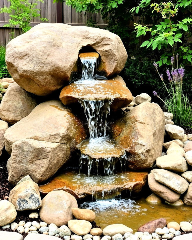 garden with a bubbling boulder waterfall