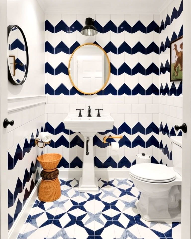 geometric navy and white tiles