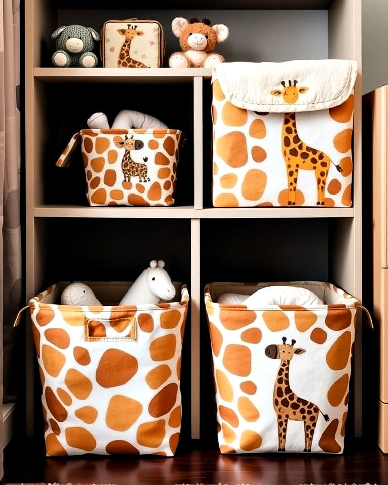 giraffe themed storage bins for nursery
