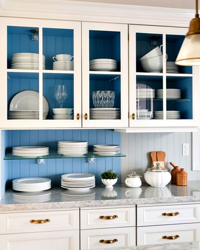 glass kitchen cabinet doors with blue painted interior
