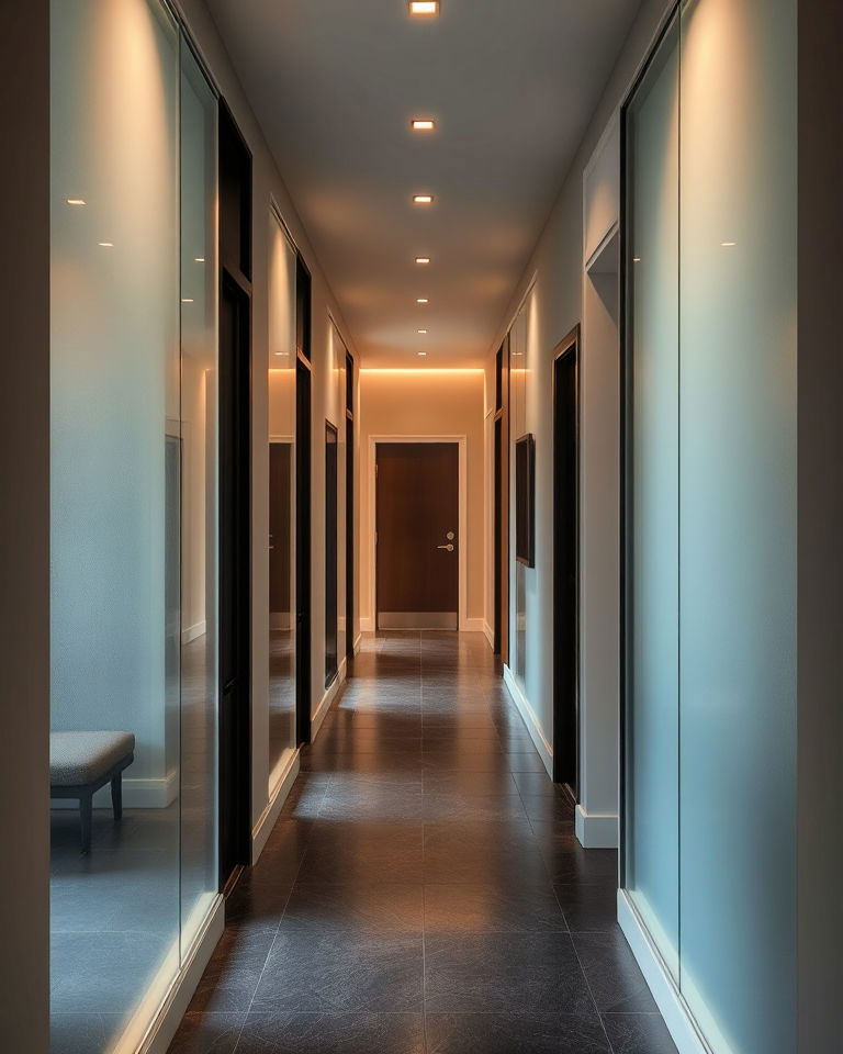 glass wall sections in dark hallway