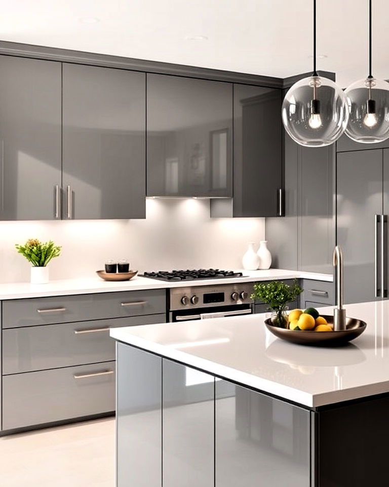 glossy grey kitchen cabinets with white quartz countertops