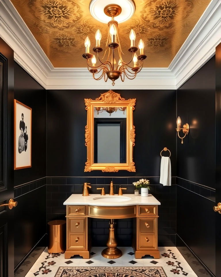 gold ceiling with black walls powder room