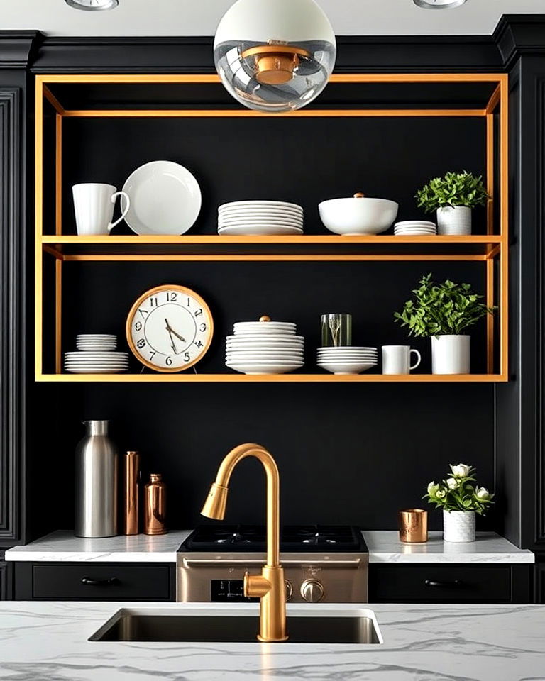 gold framed open shelving for modern kitchens