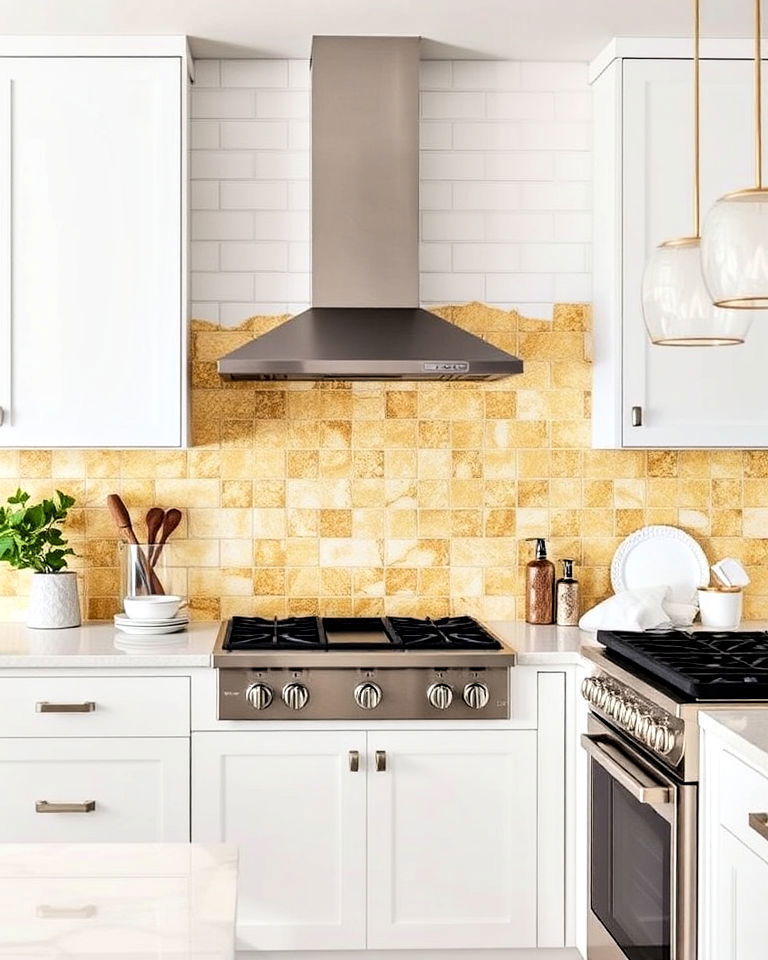 gold leaf overlaid on white tiles backsplash