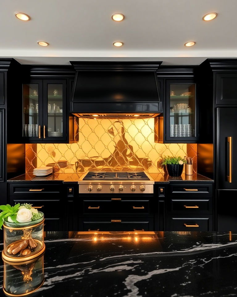 gold mirror backsplash to add glamor to a black kitchen