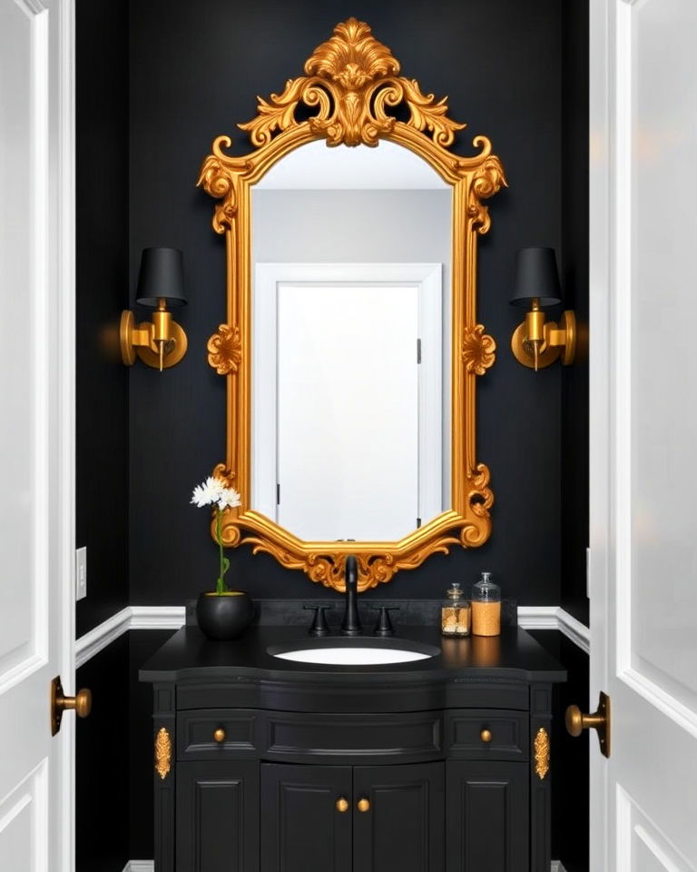 gold statement mirror on black walls powder room