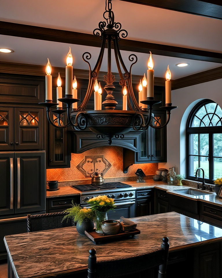 gothic kitchen with a candle style chandelie