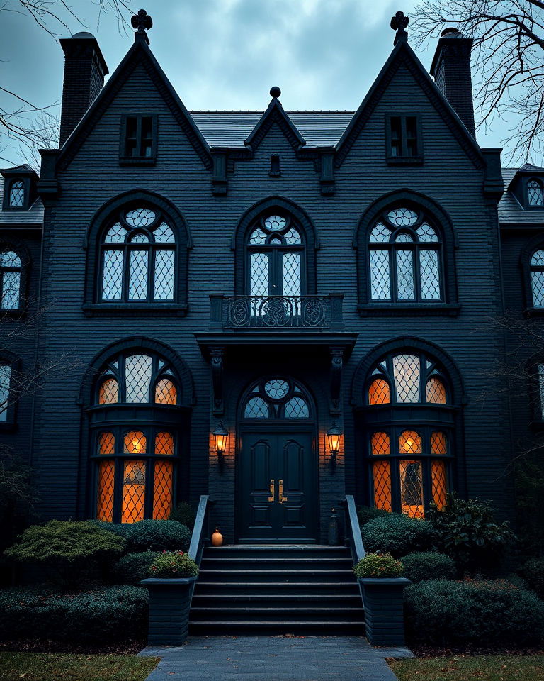 gothic revival black brick exterior house